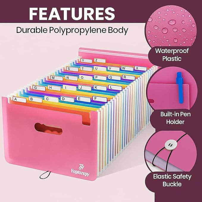 Accordion File Organizer, 26 Pockets Expanding Accordion Folder, A4 Letter Size Filing Organizer with Colorful Tabs, Elastic Cord, 60 Paper Clips, Labels & Stickers for Office (Pink)