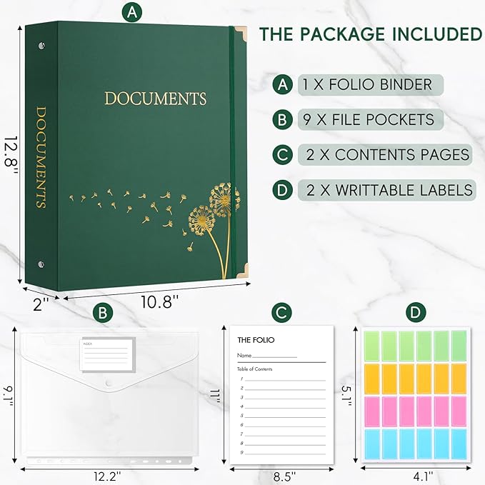 XKDOUS Important Document Organizer Folder Folio 3-Ring Accordion Storage File Folders in Case If I Die Binder Organizer with 9 Pockets, Labels for Papers, Files, Passports