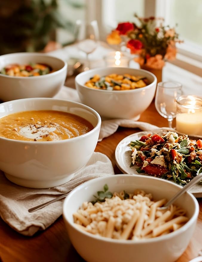 AISBUGUR Ceramic Bowls Set of 6-42OZ Deep Soup Bowls Salad Bowls for Kitchen Microwave & Dishwasher Safe - White Serving Bowls for Cereal, Soup, Pasta, Salad