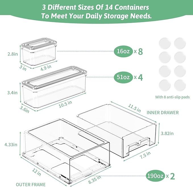 damynuo 14Pack Fridge Organizer Bins, Clear Refrigerator Organizing Containers with Lids and Refrigerator Drawers, Stackable Food, Vegetable and Fruit Containers for Fridge Organizers and Storage