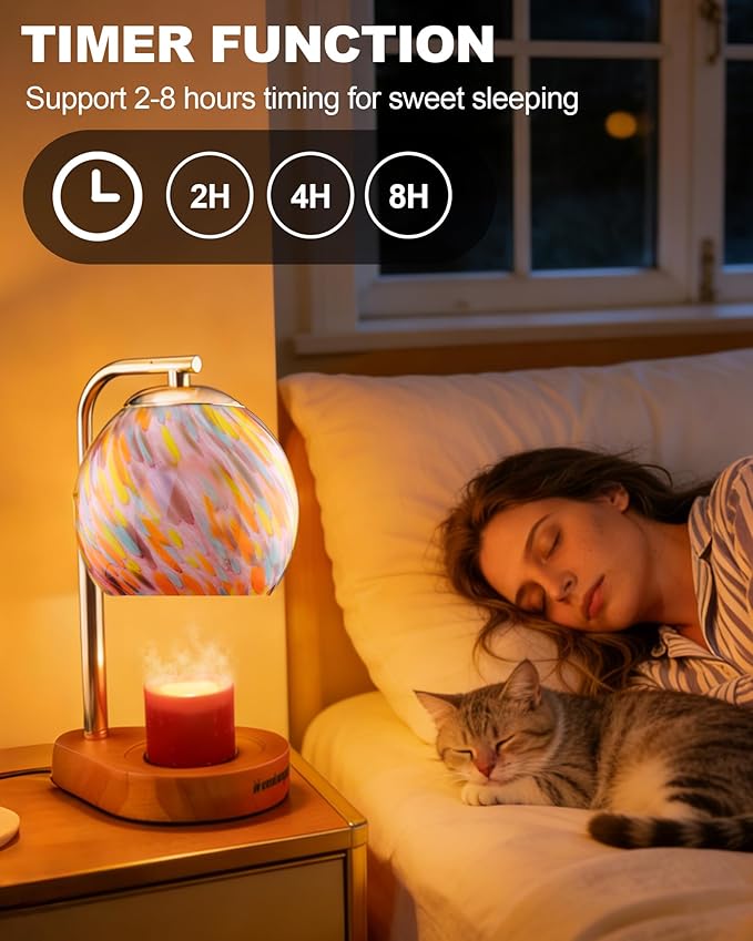 Stained Glass Candle Warmer Lamp with Dimmable 7-Level Brighness, Adjustable Height with 2/4/8H Timer, Home Decor with 2 Bulbs and Gifts for Women Mom Scented Jar Candles- Gold