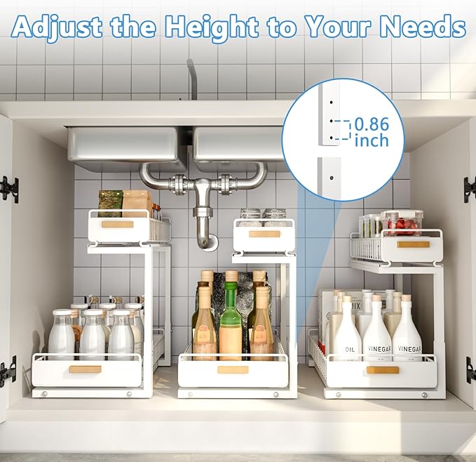 Under Sink Organizer Kitchen - Upgraded Professional Rails, 2 Tier Dual Pull Out Cabinet Storage, Height Adjustable Under Sink Storage, Metal Sliding Drawer for Kitchen & Bathroom, White, 2 Pack