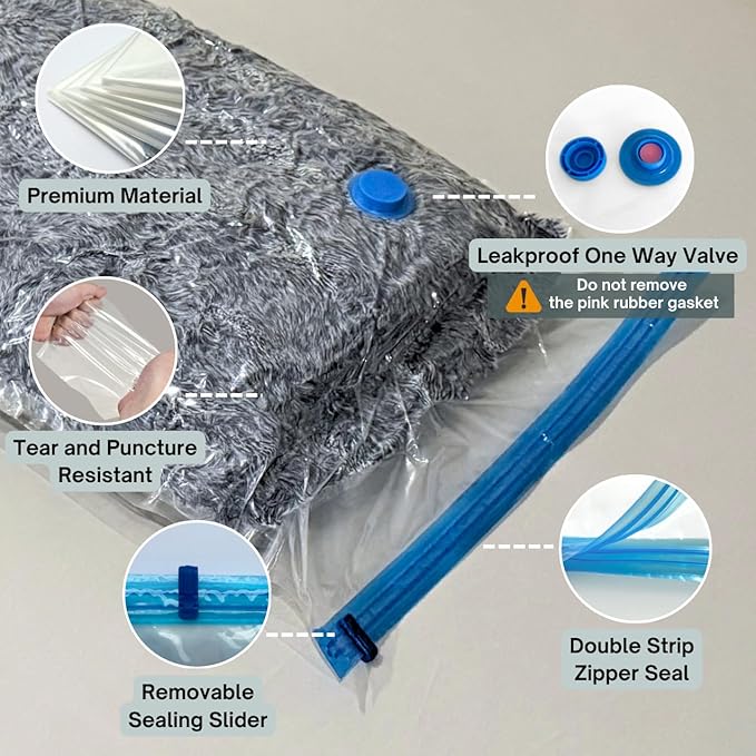 4 Mega Jumbo XXL Vacuum Storage Bags with Pump, Supersized Compression Space Saver for Comforter, duvet, Bedding, Blanket storage, Vacuum Seal Bags for Clothing, Durable Safe Poly Material