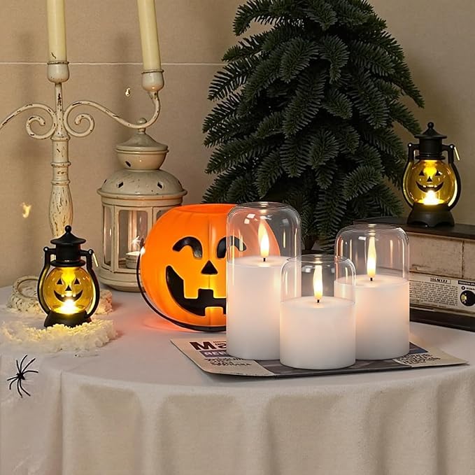 Glass Flameless Candles with Remote, Set of 3 Battery Operated Candles Flickering with Real Wax and 3D Wick, LED Pillar Candle for Home Halloween Christmas Decor(Clear, D3”xH4”5”6”)