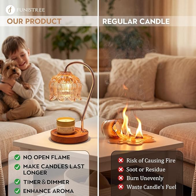 Funistree Candle Warmer Lamp Gift Set with 3 Jar Candles & Gift Box, Gifts for Women Christmas Birthday, Mom Sister Friend Gift, Lavender, Vanilla, Ebony, 2 Bulbs