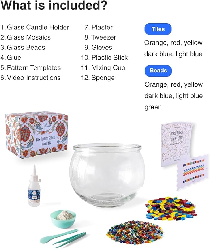 KRAFTSTORIES Turkish Mosaic DIY Candle Holder Kit - Glass Decorative Tealight for Living Dining Room Bedroom | Make Your Own Mosaic | Craft Kits for Adults (Multicolor - MA04)