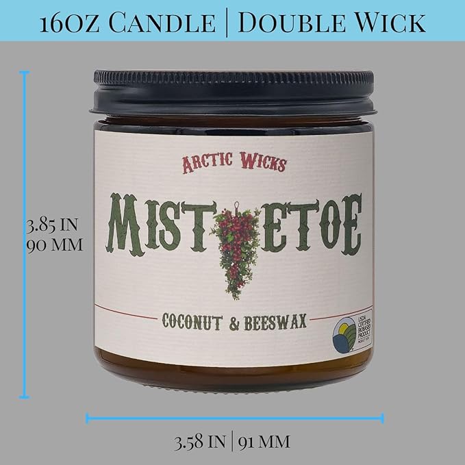 Arctic Wicks Handcrafted Candles | Non Toxic Coconut Beeswax Candles 16oz Double Wick | 100% USDA Certified Biobased, Handmade, Premium Waxes, Non-Toxic (Mistletoe, 16oz Amber Jar)