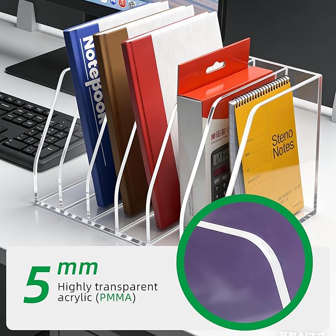 Acrylic Magazine File Holder, 6 Vertical Compartments Desk Document Sorter Organizer, Clear Folder Rack Binder for Office, Documents, Tablets, Magazines, Books – Home/Classroom Rack