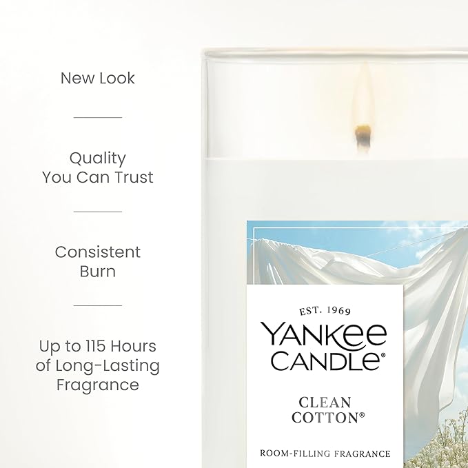 Yankee Candle Medium Pillar Scented Candle with up to 115 Hour Burn Time, Premium Plant Wax Blend for Consistent Burn, 14.25 oz Pillar Candle with Room Filling Fragrance, Clean Cotton