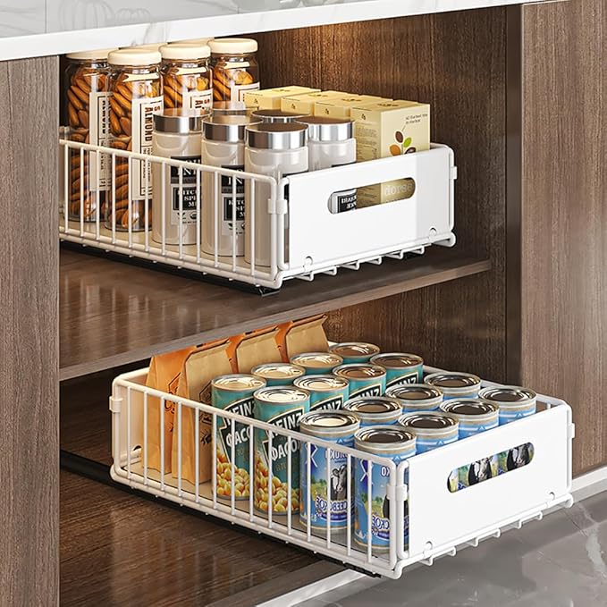 YunNasi Pull Out Cabinet Organizer Slide Out Drawer Storage Shelves Cupboard Organiser Sliding Cabinet Basket for Kitchen No Drilling and Nailing (White, 2Piece 9.8" W X15 D X 7.5" H)