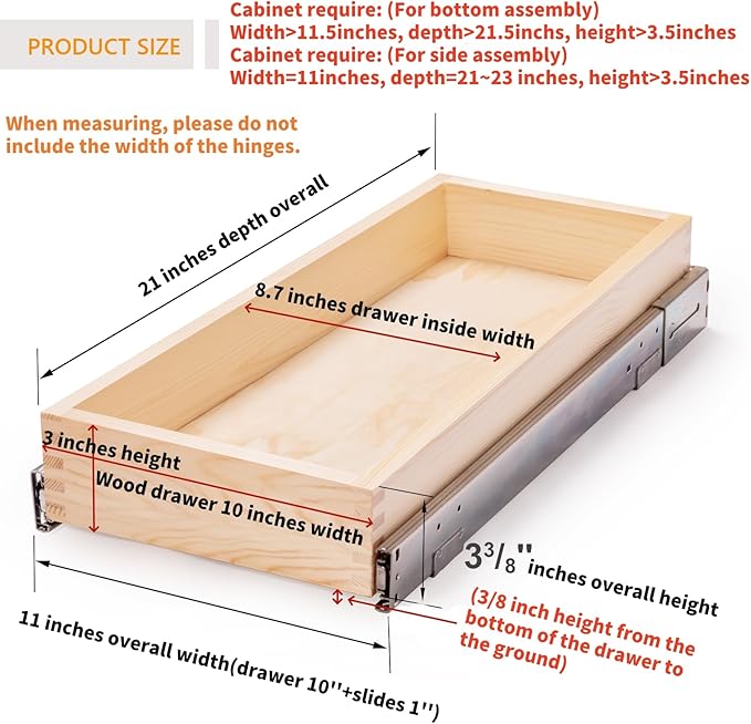 Mulush 10”W x 21”D x 3”H Soft Close Slide Out Wood Drawer Organizer for Kitchen, (Cabinet Opening>11.5 inches for Bottom Assembly, Opening= 11 inches for Side Assembly)