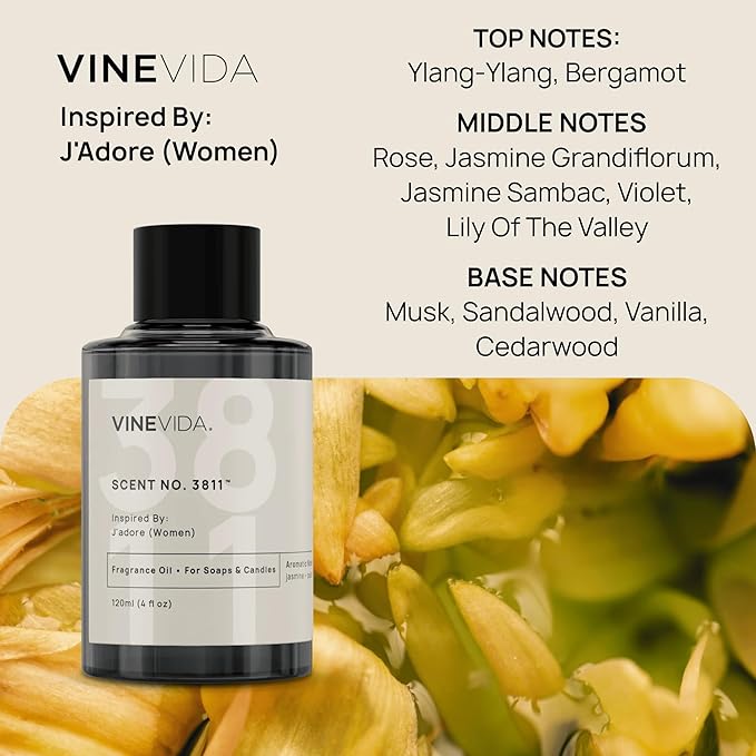 VINEVIDA [4 Oz] Scent No. 3811 Inspired by J'Adore (Women); Fragrance Oil for Candle Making and Soap Making - Premium Candle Scents for Soy Candles