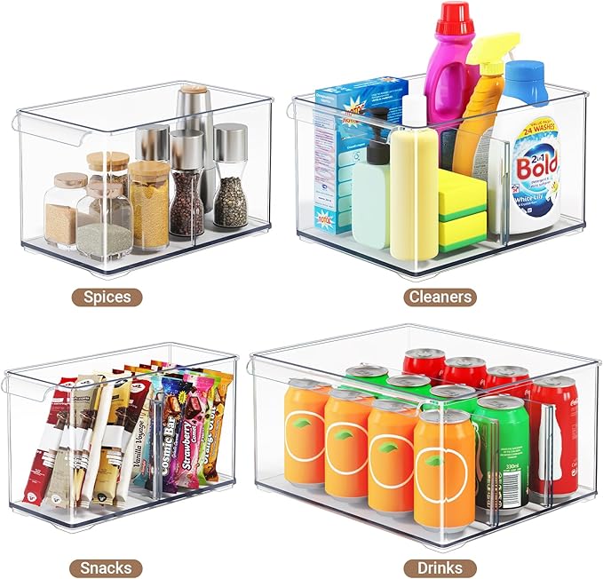 Clear Plastic Storage Bins with Dividers for Fridge Pantry Organizers and Storage Containers, 6 Pack Acrylic Stackable Sturdy Storage Boxes for Home Edit and Cabinet Organizers 6" High, C6-3