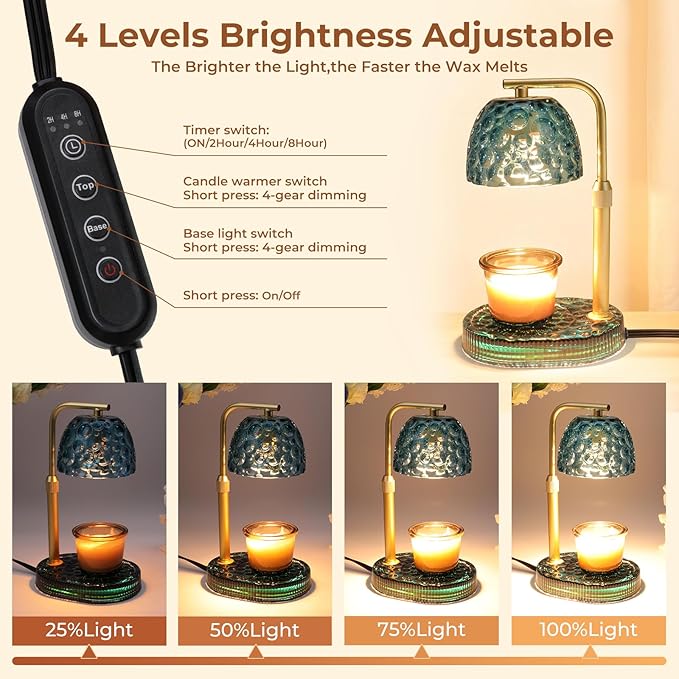Candle Warmer Lamp with Timer Dimmer, Honeycomb Crystal Wax Melt Warmer for Jar Candles, Adjustable Height Wax Warmer Lamp with 2 Bulbs for Women Mom Gift New Home Bedroom Decor (Blue)