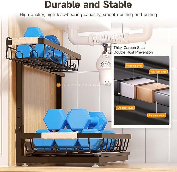 2 Packs Under Sink Organizer, Height Adjustable 2 Tier Under Kitchen Sink Organizer, Multi-Purpose Storage Shelf for Kitchen Bathroom Cabinet (Brown, Extra Large)
