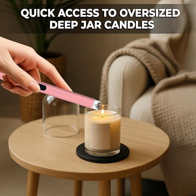 FIGHTSENSE USB Rechargeable Candle Lighter,Plasma Arc Windproof Flameless Long Electric Lighter with Safety Switch,LED Battery Display,Used for BBQ Fireplace,Camping,Stove Kitchen (Pink)