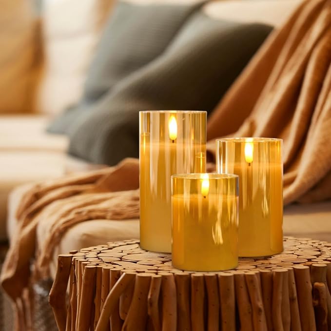 Rechargeable Candles with Remote, Rechargeable Flameless Candles with Timer, LED Battery Operated Candle with 3D Wick and Charging Cable for Halloween Christmas Decor(Gold)
