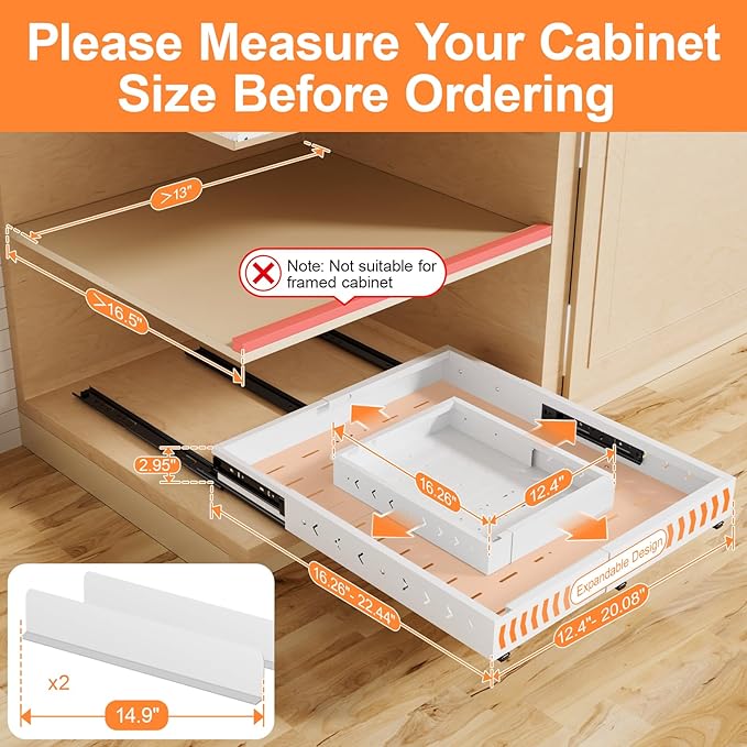 Pull out Cabinet Organizer Expandable W(12"-20") and D(16"-22"), No Drill Adjustable Slide Out Drawers With 3 Slide Rails, 2Pcs Magnetic Panel, Adhesive Roll out Shelves for Kitchen, Cabinets, Pantry