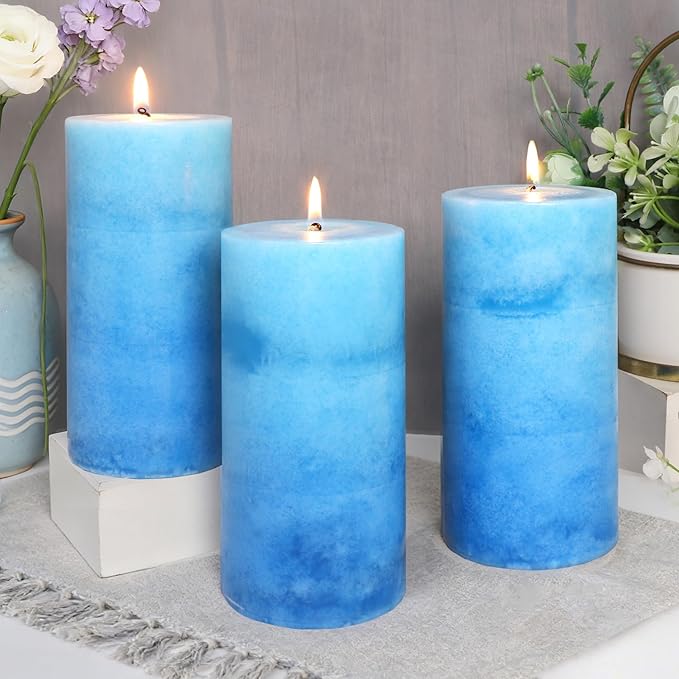 Pillar Candles Ocean Scented, Immeiscent Aromatherapy Candles, 60+ Hours Burn Long Lasting, Blue Mottled Layered Candles for Home Scented, SPA, Restaurant, Set of 3