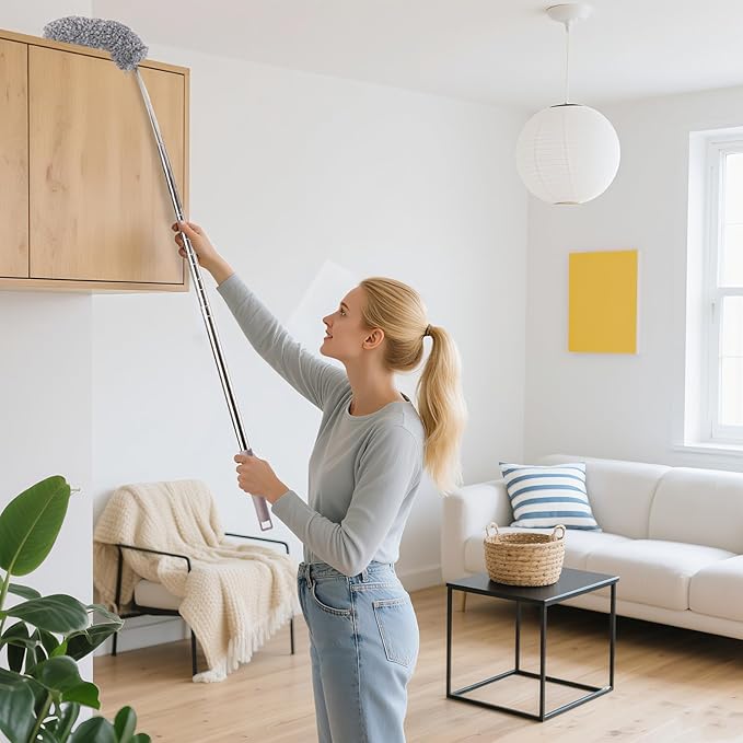 SOUJOY 12 PCS Microfiber Duster Kit with Bendable Heads and Extension Pole Up to 74'', Washable Reusable Feather Dusters for Cleaning High Places, Ceiling Fans, Blinds, Furniture, Cars