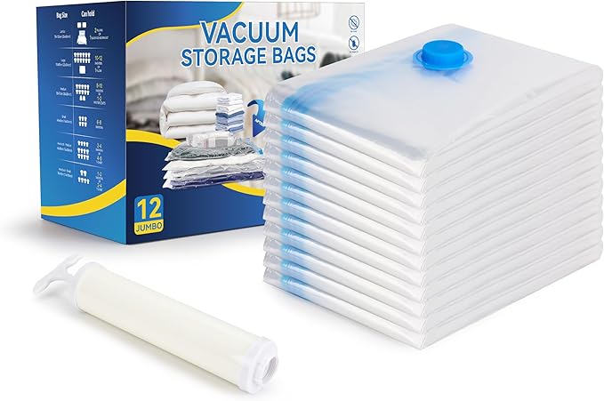 Simple Deluxe 12 Jumbo Vacuum Seal Bags with Hand Pump, Vacuum Storage Bags, Space Saver Bags for Comforters, Blankets, Bedding, Pillows, Clothes