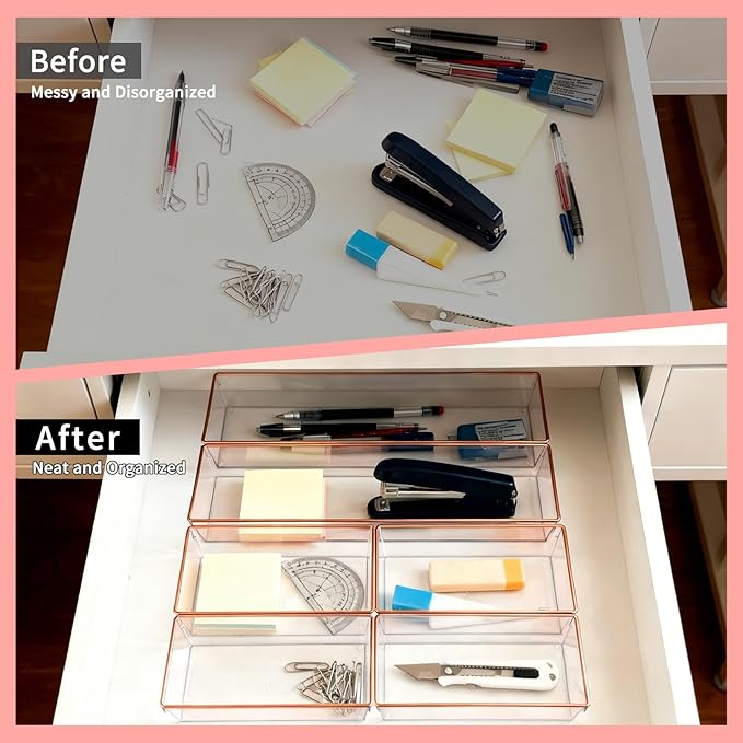 12 Pack Large Size Clear Stackable Drawer Organizer Trays, Rose Gold Rim Makeup Drawer Storage Tray Divider, Desk Storage for Makeup, Jewelry, Bathroom, Stationary, Kitchen Utensils and Office Desk
