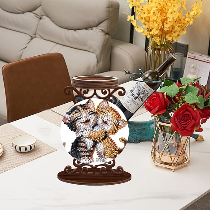DIY Diamond Candlestick Holders Diamond Art Painting Wooden Home Decoration Candlestick Christmas Halloween Ornaments Double-Sided Diamond Cat Hug Candle Holder Kits Tabletop Decoration