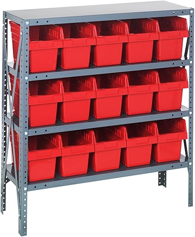 Quantum Storage Systems 1239-SB802RD Shelving Unit, 12" D x 36" L x 39" H, Carbon Steel, Galvanized with Red Bins