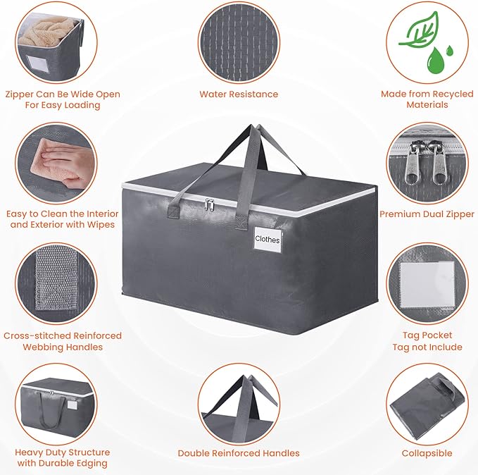 BlissTotes Large Moving Boxes and with Zippers & Handles Moving Supplies with lids, Heavy Duty Totes for Storage Bags for Space Saving, Fold Flat, Moving and Storing, 10 Pack