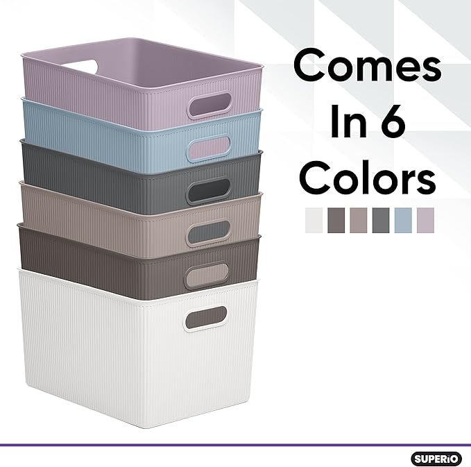 Superio Ribbed Collection - Decorative Plastic Basket Open Home Storage Bins Organizer, X-Large Grey (2 Pack) Container Boxes for Organizing Closet Storage Bins for Shelves 22 Liter/23 Quart