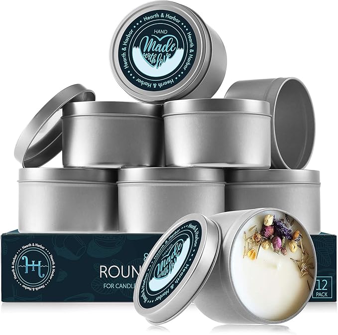Hearth & Harbor 5 lbs. Soy Candle Wax with Supplies, 8 oz. 12 Pack Tin Jars with Lids, Cotton Candle Wicks, Wick Stickers and Centering Devices - Soy Wax Flakes with Containers for Candle Making