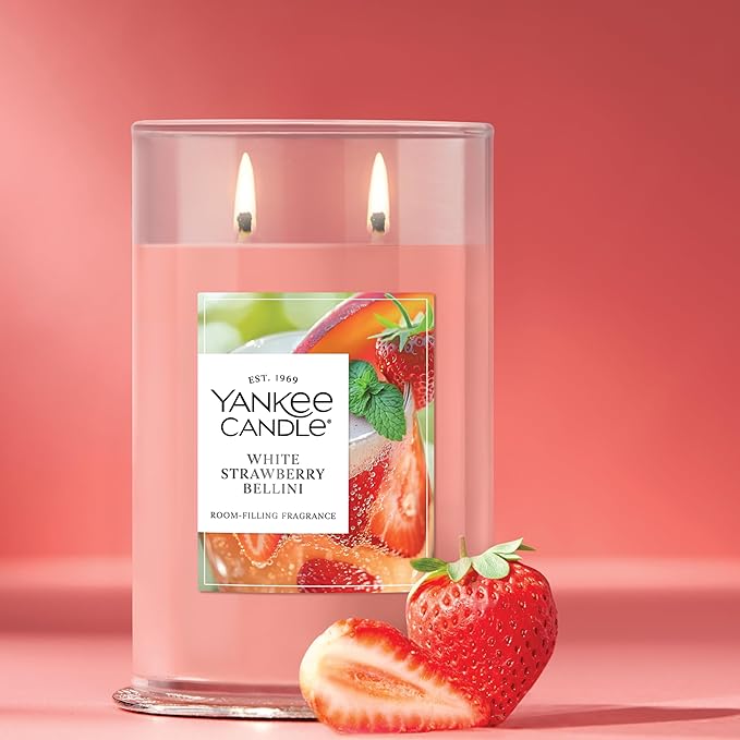 Yankee Candle Large Tumbler Scented Candle with up to 80 Hour Burn Time, Premium Plant Wax Blend for Consistent Burn, 20 oz Tumbler Candle with Room Filling Fragrance, White Strawberry Bellini