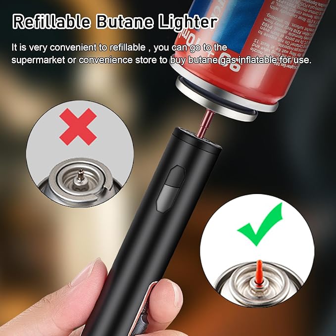 Torch Lighter - Refillable Butane Lighter with Adjustable Flame, Windproof Jet Flame, Transparent Gas Window - Long Lighter for Candles, Kitchen, Outdoor Use (Gas Not Included)-Gold