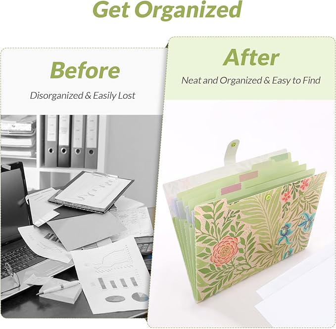 SKYDUE Expanding File Folder with 5 Pockets, Accordion File Organizer, Portable Receipt Paper Documents Organizer, Letter Size Filing Folder School Office Supplies, Green