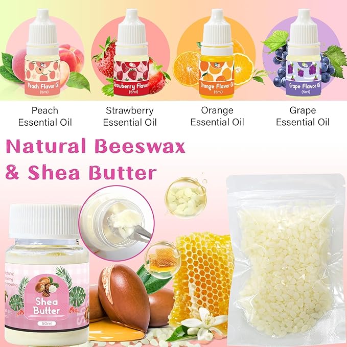 DIY Lip Balm Making Kit for Adults to Make Your Own Moisturizing Lip Balms with Natural Beeswax, Lip Base Oil, Essential Oil, Empty Lip Balm Tubes，Birthday Christmas Gift