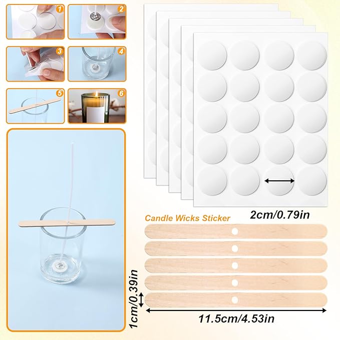 8 Inch Candle Wicks, Cotton Wicks Coated with Paraffin Wax, Short Candle Making Wick for Candles Making, 100 PCS Candles Wick Stickers