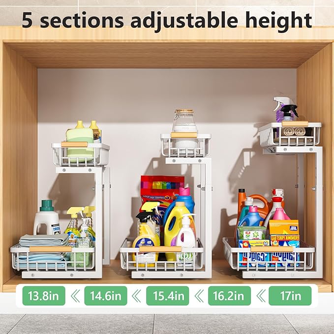 Under Sink Organizers,5 Adjustable Height，Metal Pull Out Under Sink Organizers and Storage Shelves with Sliding Drawer (White, 2 pack)