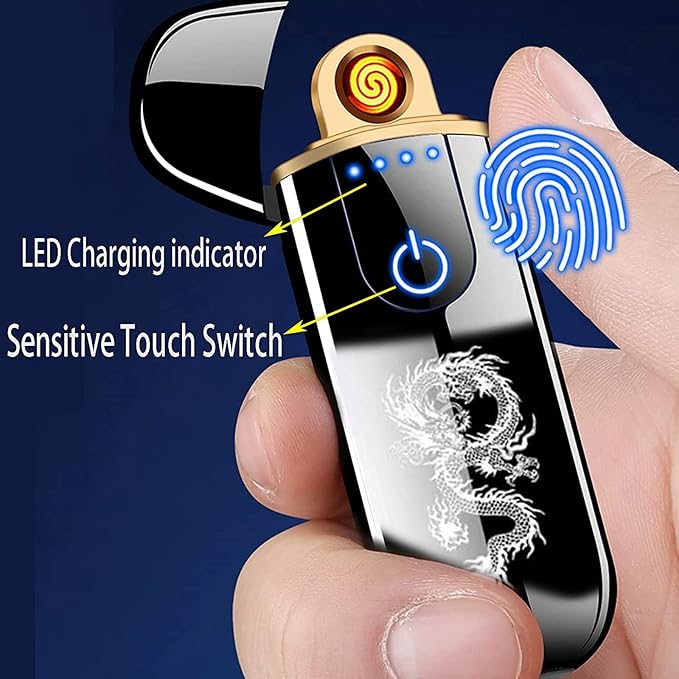 Electric Lighter, Smart USB Rechargeable, Mini Touch Ignition Windproof Flameless Plasma Lighter with Battery Indicator for Men Father Gifts (Dragon)