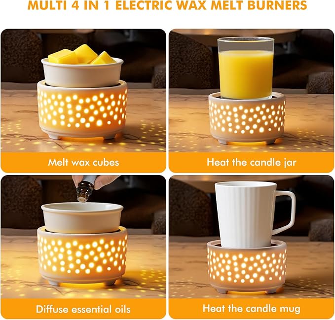 EQUSUPRO Ceramic Wax Melts Warmer–Electric Candle Wax Warmer for Scented Wax PTC Heating 4-in-1 Night Light Electric Wax Burner Fragrance Wax Melter for Home Office Decor & Gift (Hollow-Out)