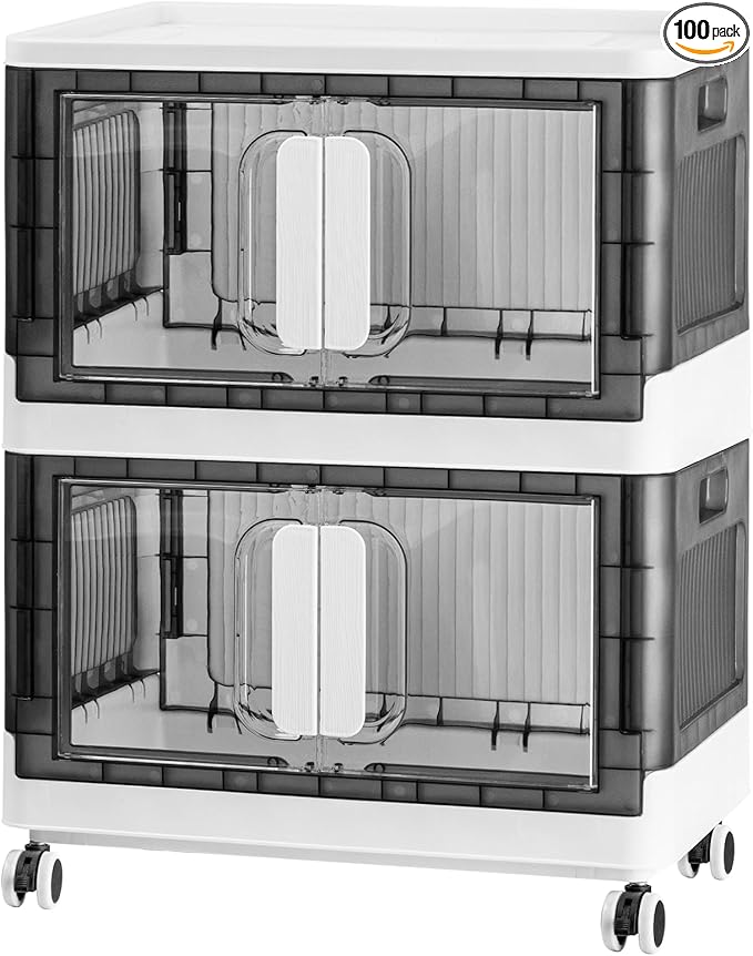 Folding Storage Organizer with Silent casters | Stackable Design for Home & Office, Heavy-Duty Plastic Storage Bin with Clear Door, 3 Sizes (19.5/23.5/27.5in),Black/White (23.6" 2 layer, White)