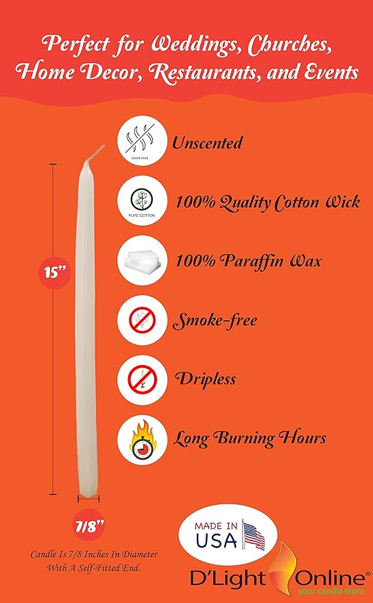 Elegant Ivory Taper Candles, 15 Inches Very Tall Premium Quality Candles, Hand-Dipped, Dripless, Smokeless and Unwrapped Bulk Pack for Events - Set of 12 (Ivory)