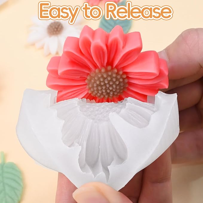 4 Pack Daisy Silicone Molds with Leaf Mold, Set of Large + Medium + Small + Mini Daisy Flower Molds for Candles Wax Soap Epoxy Resin Plaster Fondant Chocolate Cake Cupcake Topper Decoration
