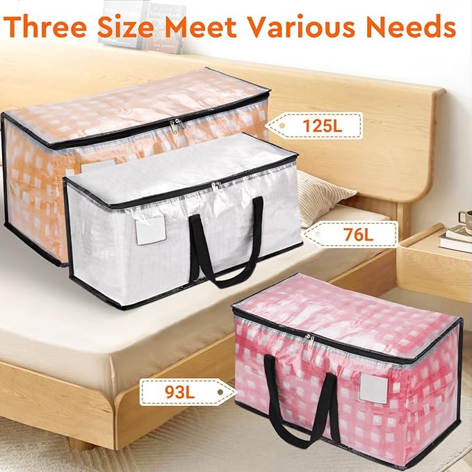 BlissTotes Clear Moving Bags Heavy Duty, 93L Extra Large Storage Bags with Zipper & Reinforced Handles, Waterproof PP Moving Totes for Clothes, Bedding, Comforters, Space Saving Storage (8 Pack)