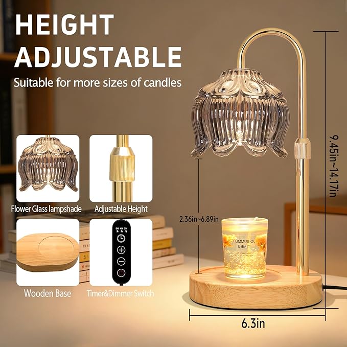 Flower Candle Warmer Lamp for Jar Candles with Timer & Dimmer, Adjustable Height Fits Large Jars up to 7.08" Tall, Flameless Wax Warmer, Cozy Bedroom Home Decor, Gift for Mom Women,Silver Gray
