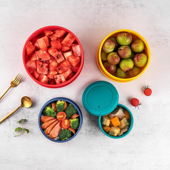 KSENDALO Silicone Food Storage Containers with Lids 4-Piece Set, Airtight Food Storage Containers 400mL-2.1L Stackable Bento Boxes for Meal Prep, Fruit & Food Storage Bowls, Multicolor