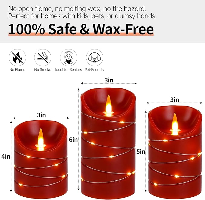 HaitanghuaRechargeable Flickering Candle with String Lights, Remote Control, 2/4/6/8 Hour Timer Function, USB Rechargeable Candle, Real Wax LED Candle, (4/5/6 inches) red, Three-piece Set.