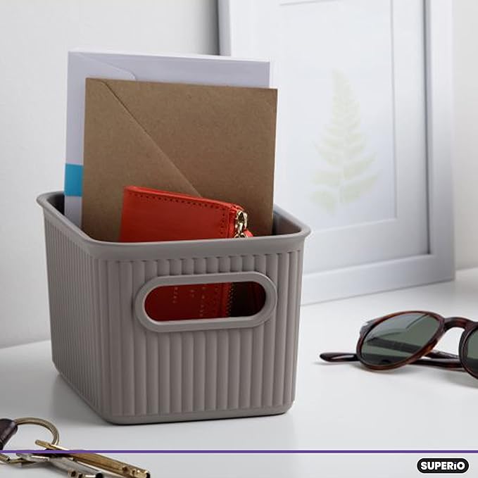 Superio Decorative Plastic Basket Open Home Storage Bins Organizer Baskets, Small, Taupe (8 Pack) Container Boxes for Organizing Closet Storage Bins for Shelves Drawer Shelf, 1.5 Liter