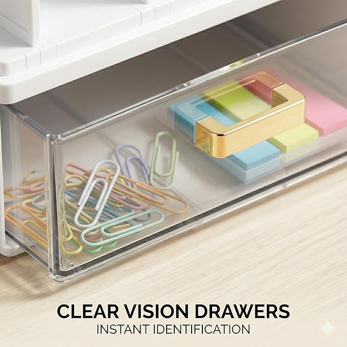 CiWiVOKi White Desk Organizer with 4 File Holder Slots, 2 Clear Drawers & Dual Pen Holders, Multi-Functional Office Supplies Desktop Storage for Home Office, Space-Saving Mail Sorter & Caddy