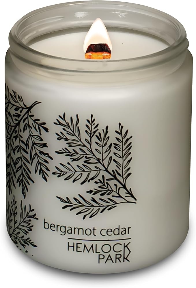 Hemlock Park Frosted Glass Wood Wick Candle Handcrafted with Natural Coconut Wax (Standard 8 oz, Bergamot Cedar)