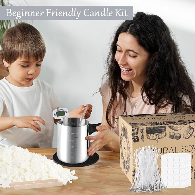 Wfmolcand Candle Making Kit with Hot Plate for Melting Wax,Including 2 LB Soy Wax, Melting Pot,5 Inch Wick Cotton,3-Hole Wicks Holder, Wick Sticker,Stirring Spoon,Thermometer,Anti-hot Silicone Mat…